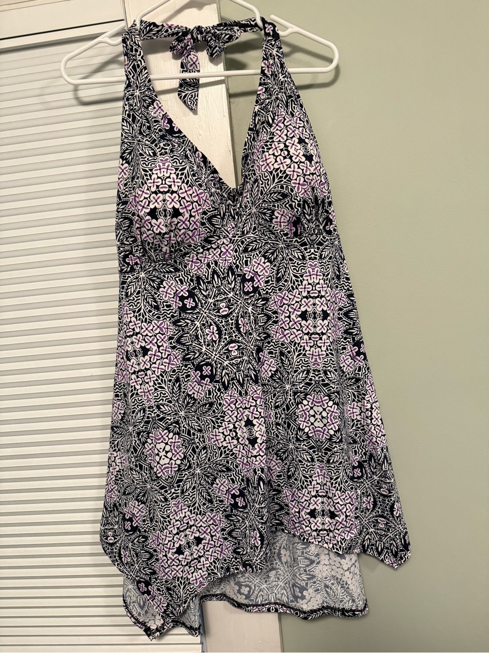 Halter Neck Printed Tankini Top — Black & Light Purple
